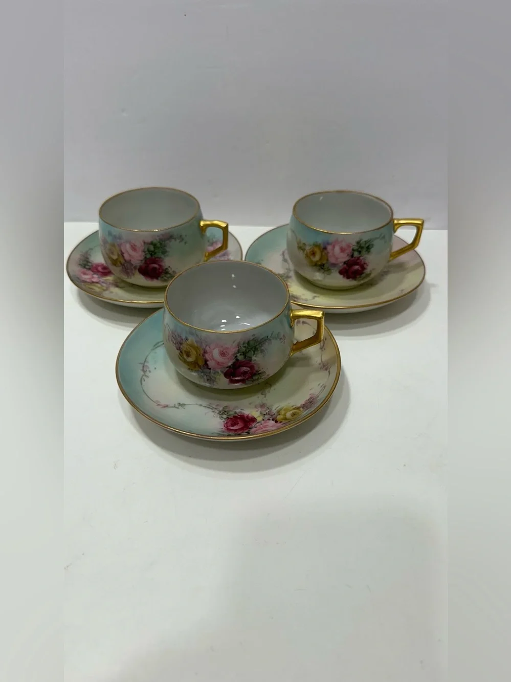Lot Of 3 Unmarked Bavarian Style Hand Painted Porcelain Tea Cup Set Aqua Blue